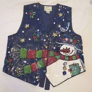 Vtg Quacker Factory Holiday Vest Womens Small Blue Sequined Beaded Snowman Bling